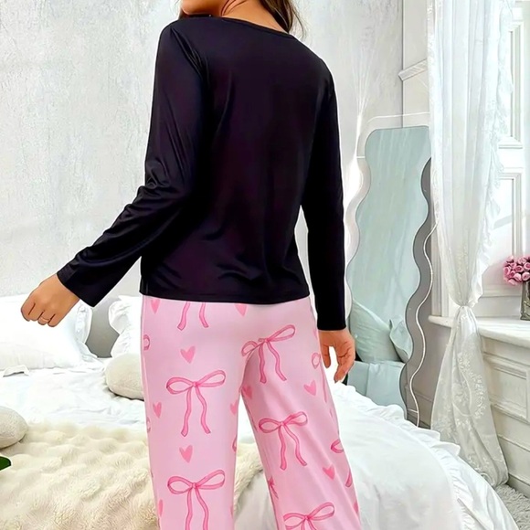 Coquette Pink & Black Bowknot‎ Print Comfy Pajamas Pj’s Long Sleeve Lounge Set - Picture 6 of 8